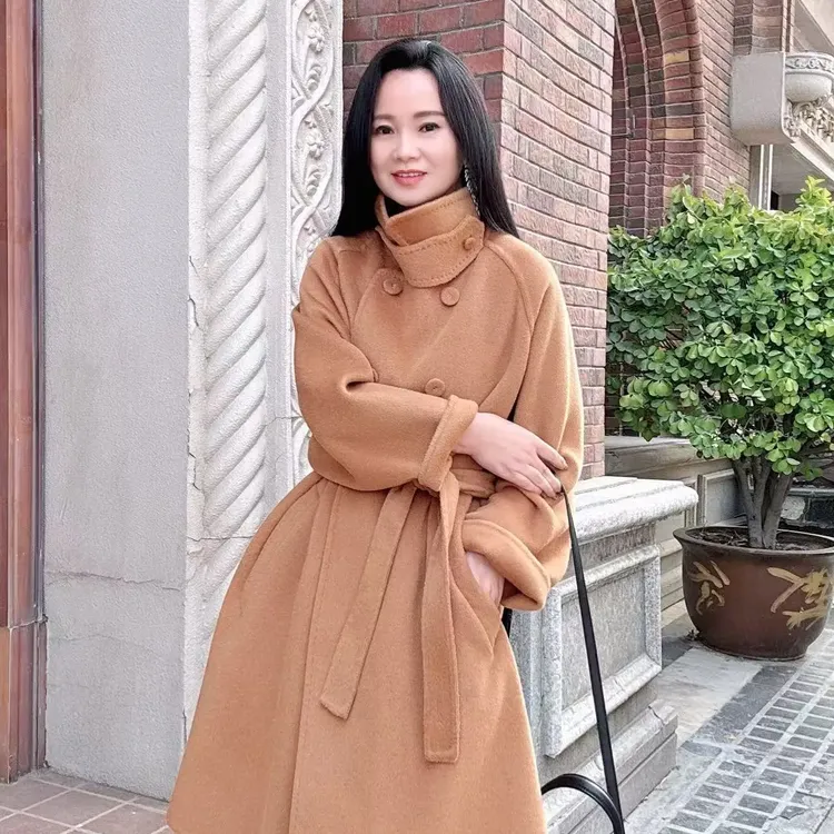 秋冬时尚立领宽松长款美利奴绵羊毛大衣外套