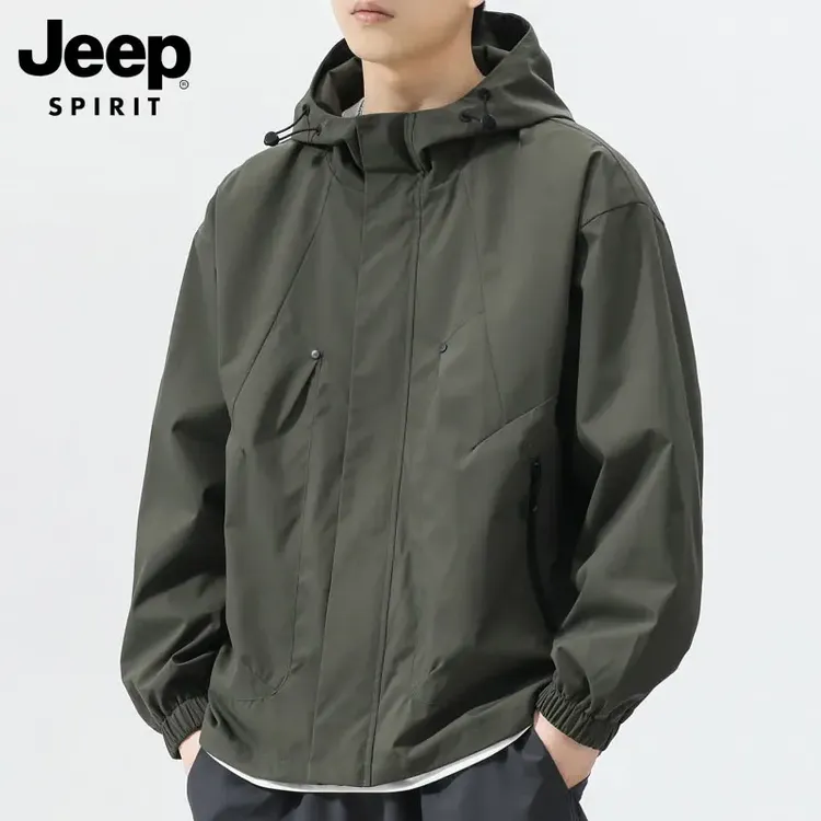 JEEPSPIRIT吉普男士春秋款连帽夹克男款百搭冲锋衣宽松休闲外套男
