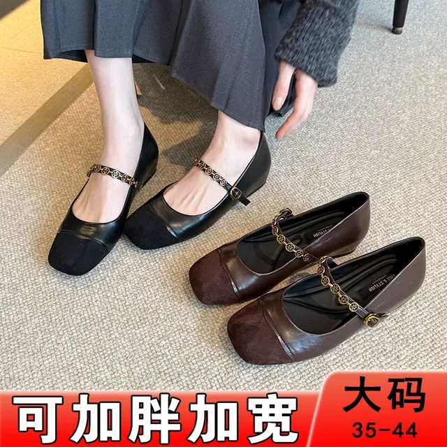 法式绝美低跟鞋加肥复古玛丽珍单鞋内增高浅口宽胖脚大码女鞋4243