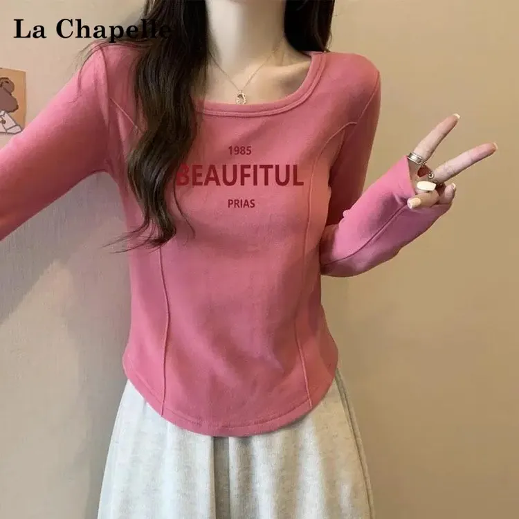 拉夏贝尔早秋女士t恤胖mm大码修身百搭长袖T恤女士ins圆弧下摆打