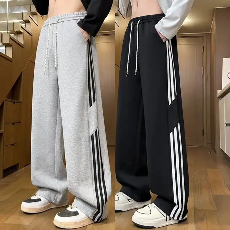 青少年条纹运动裤三条杠加绒保暖休闲卫裤男2025秋季宽松直筒裤子