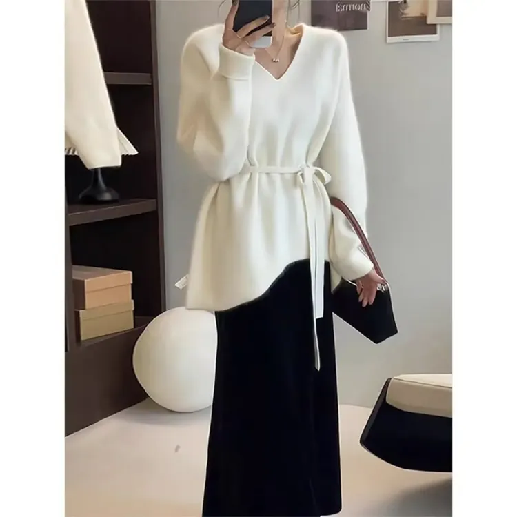 秋冬韩版气质慵懒不规则系带v领腰带毛衣针织衫秋冬上衣显瘦穿搭