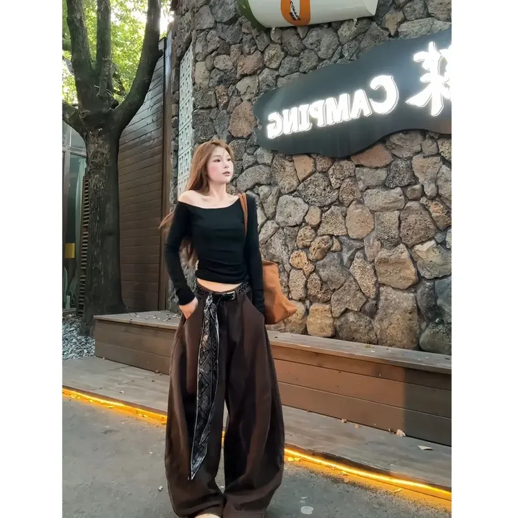 女百搭显瘦黑色上衣宽松直筒长裤女2025新款休闲阔腿裤时尚套装