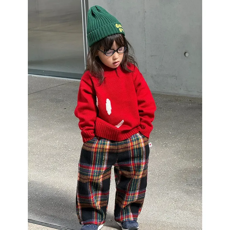 壹妈童装圣诞服装女童套装秋冬洋气儿童时髦笑脸针织毛衣加绒裤子