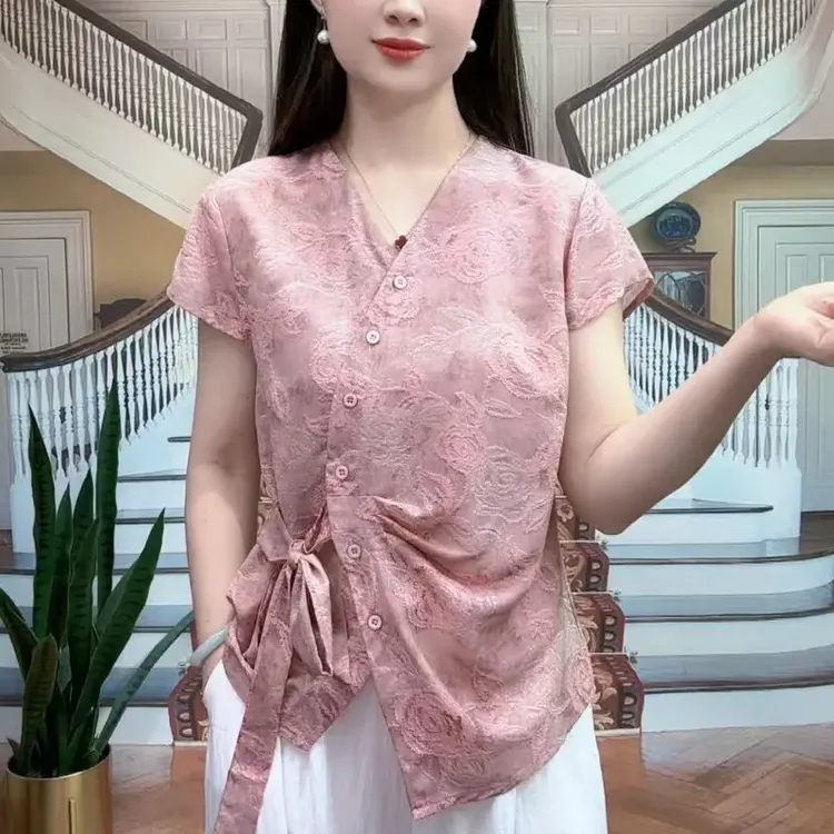 夏季新款时尚复古V领法式印花系带短袖小衫女气质百搭显瘦女上衣