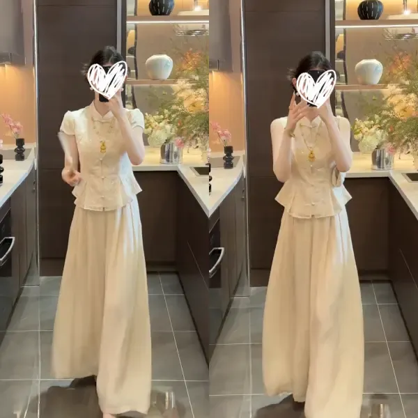 2025新款夏季重工亮片刺绣盘扣上衣阔腿裤高腰百搭休闲裤洋气套装