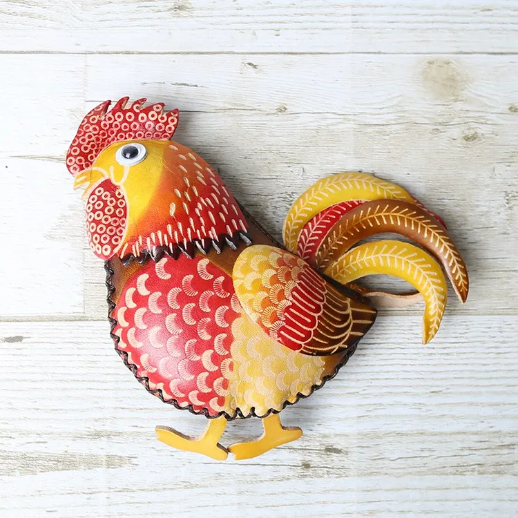 新款真皮纯手工零钱钥匙包复古风卡通公鸡形状硬币压花头层牛皮包