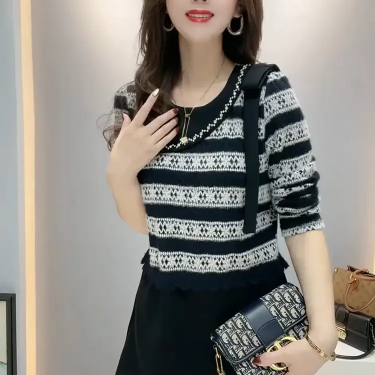 时尚法式小香风连衣裙静奢风百搭条纹气质减龄拼接假两件中长裙