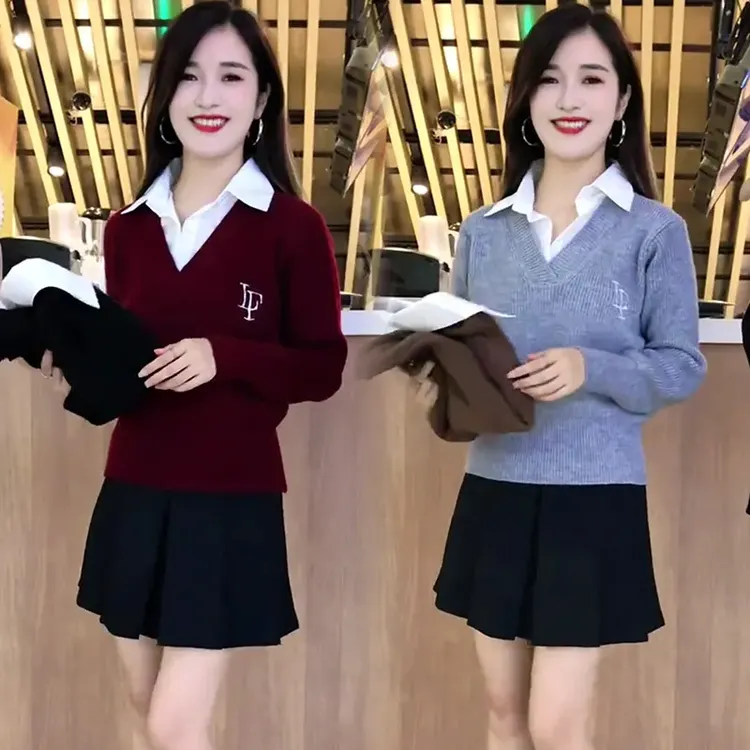 学院风假两件Polo衬衫领针织衫女秋冬款洋气减龄宽松百搭毛衣打底