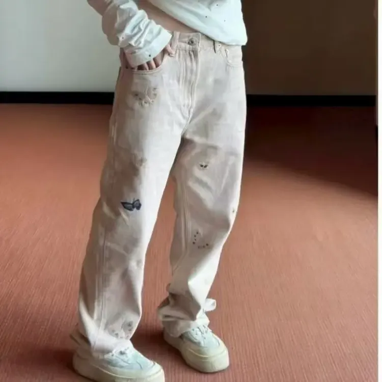 25早秋新品成衣百搭休闲脏粉牛仔裤秋季男款宽松直筒裤子