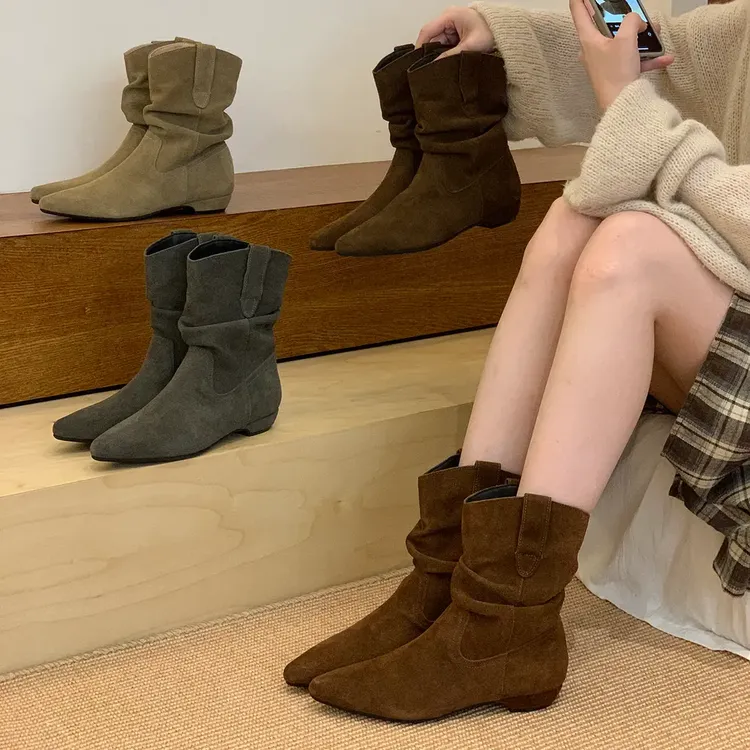 韩版气质尖短靴磨砂女靴底褶皱瘦瘦靴软皮百搭极简堆堆靴
