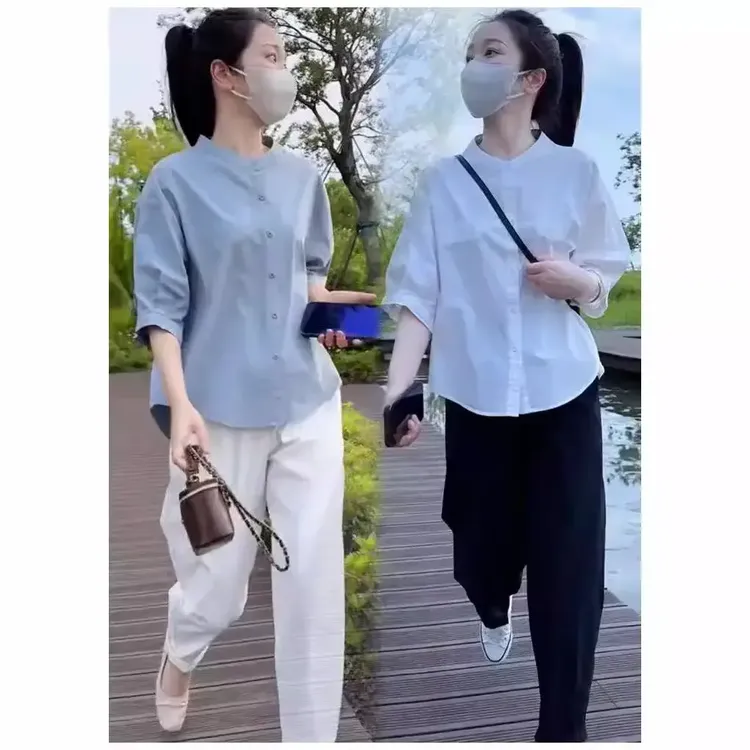 圆领中袖宽松衬衫女2025夏季新款遮肉肚显瘦薄款简约纯色小衫上衣