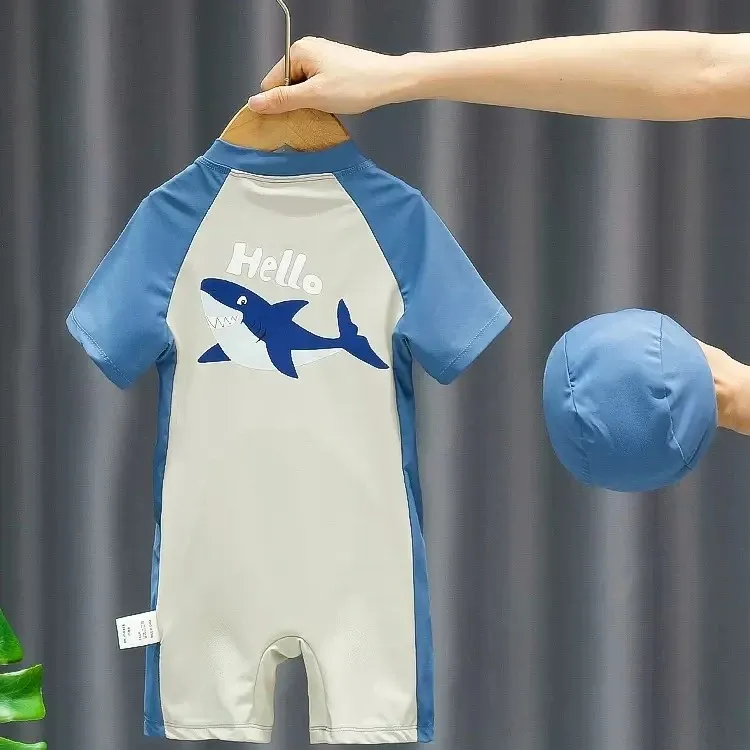 K儿童连体短袖泳衣男童夏季防晒可爱海豚速干小孩海边度假