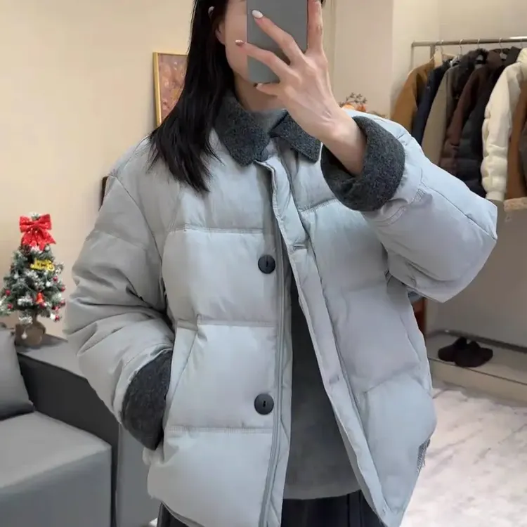 521韩系撞色拼接翻领短款加厚保暖小个子棉服外套女