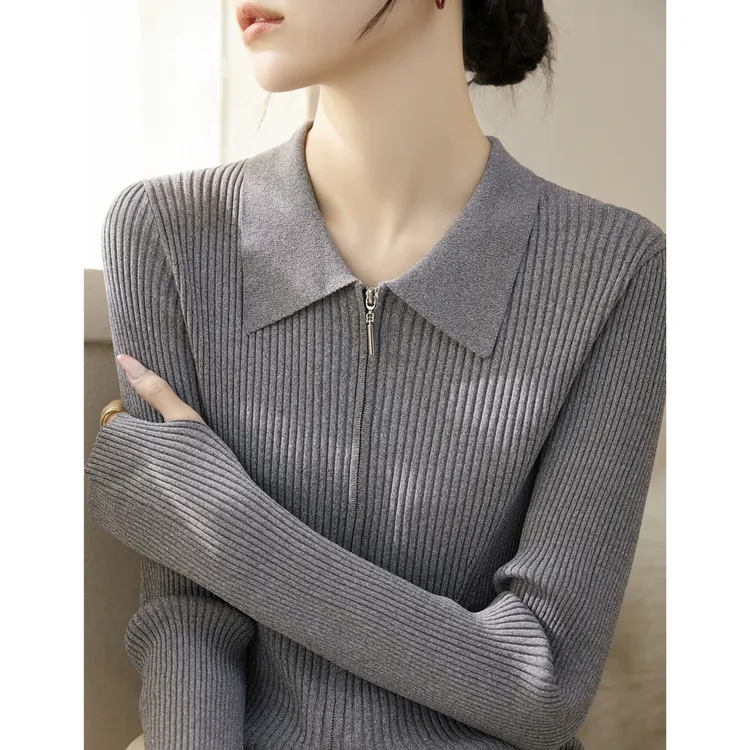 2025秋冬polo领内搭拉链设计毛衣女时尚坑条打底套手指长袖针织衫
