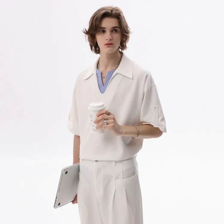 CHOR新款男装时尚都市假两件短袖polo衫夏季宽松纯色拼接T恤