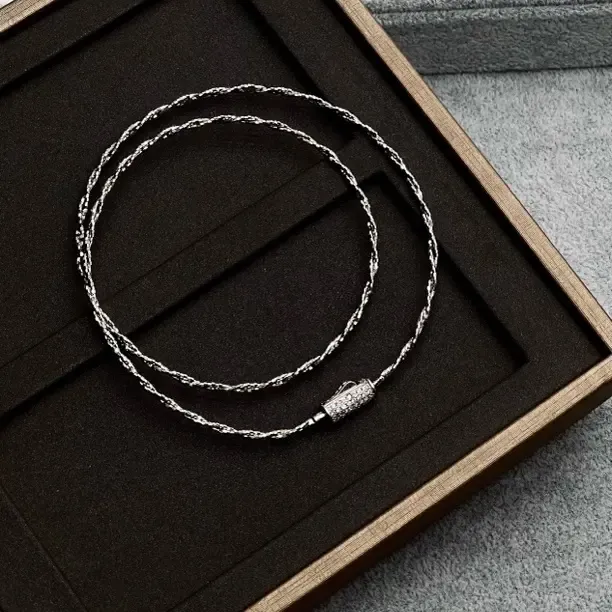 链子925银 S925纯银项链意大利进口麻花圆珠双股项圈轻奢镶锆工厂