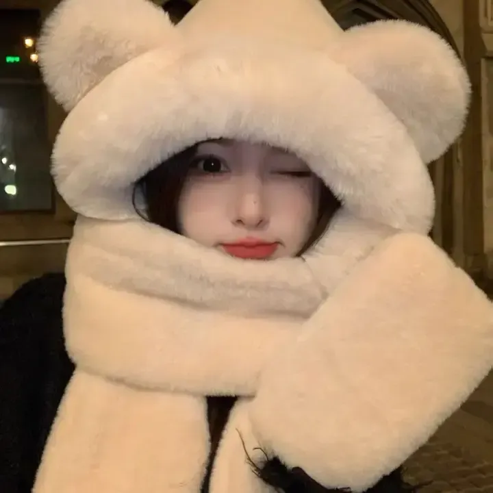 小熊帽子韩版可爱女百搭秋冬季冬天围巾一保暖手套围脖三件套潮