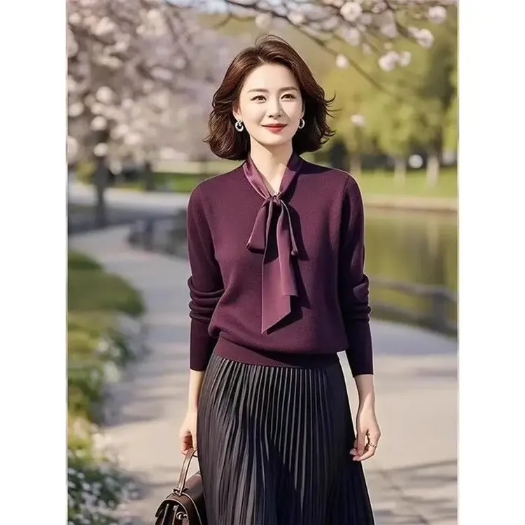 紫色系带蝴蝶结针织内搭打底衫女2025新款秋季轻奢高级感洋气上衣