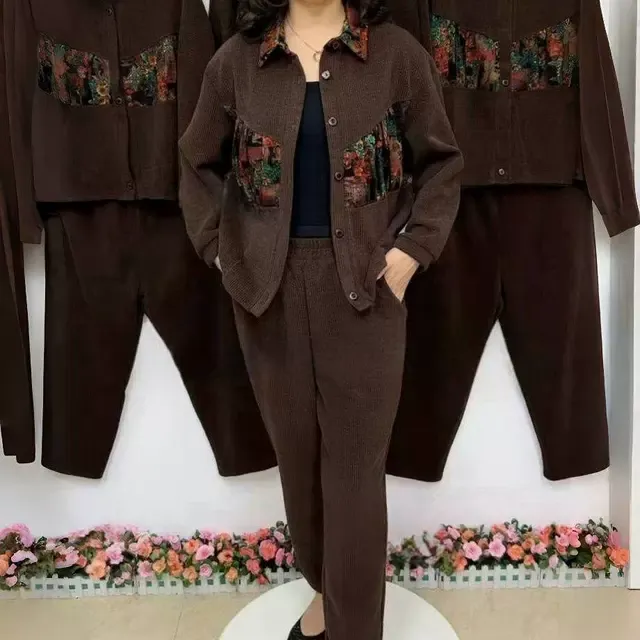 2025秋季宽松显瘦时尚套装长袖印花外套休闲裤子洋气妈妈两件套女