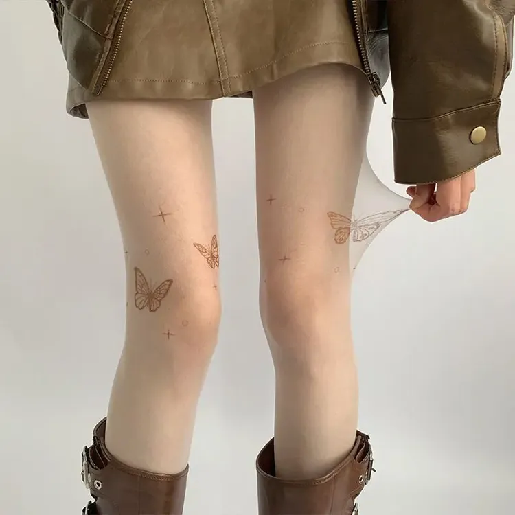 春夏超薄柔软纯欲防勾丝袜女春秋款打底蝴蝶印花肤色白丝高颜值