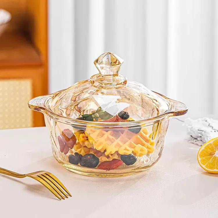 茶色大容量带盖沙拉碗 家用大号双耳碗 北欧风易清洗琥珀钻石碗  