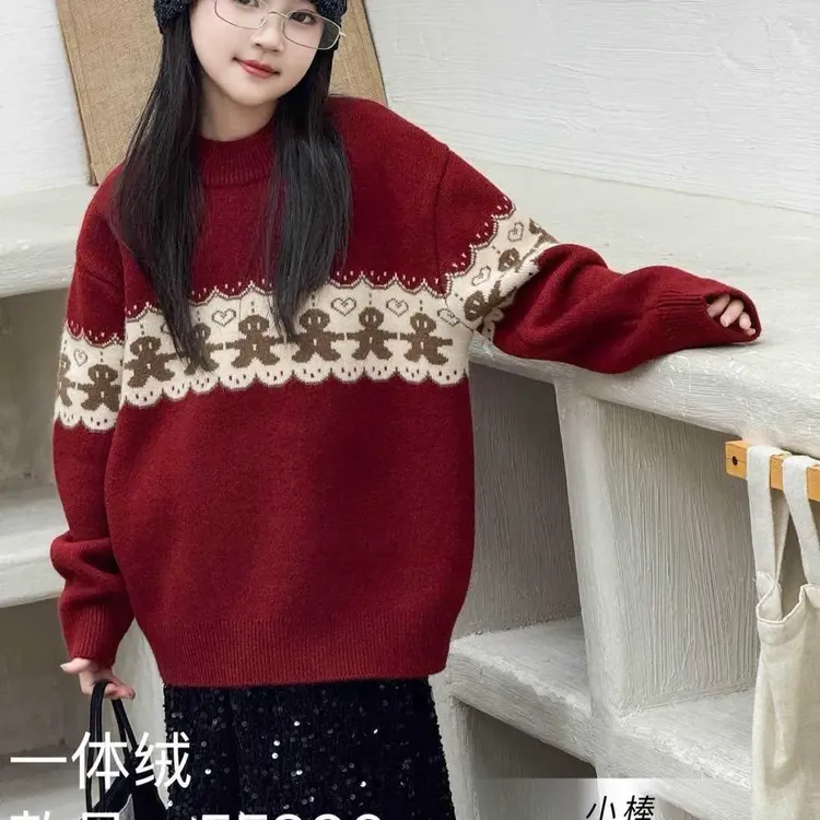 女宽松针织衫秋冬红色立领休闲风百搭毛衣长袖韩版