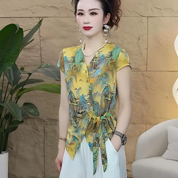 夏季新款时尚洋气复古国风印花领短袖衬衫优雅收腰百搭女士上衣