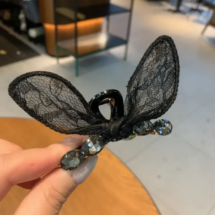 蕾丝韩版兔耳朵AB面抓夹7公分中号抓夹气质时尚可爱黑色发卡