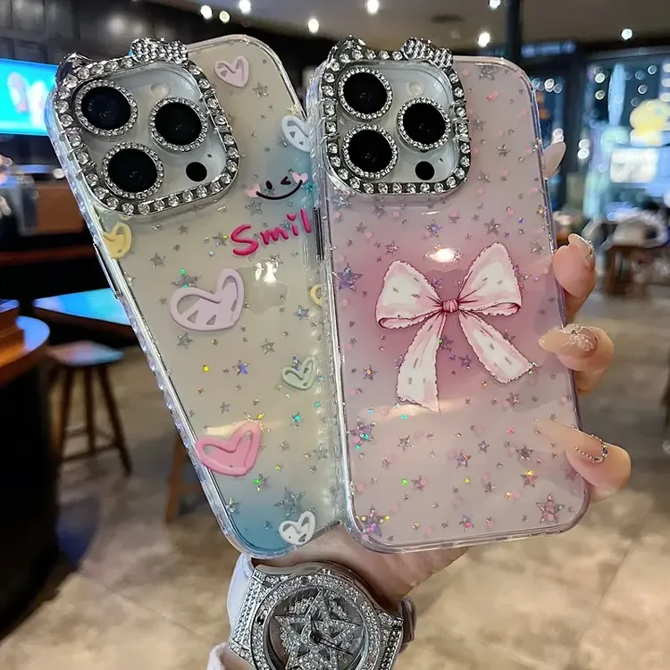 适用苹果系列iPhone16新款手机壳优雅晕染蝴蝶满边钻框闪钻镜头膜