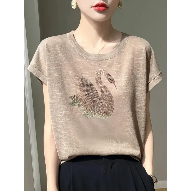 竹节麻圆领针织短袖t恤女2024夏季大码烫钻宽松polo衫妈妈女士