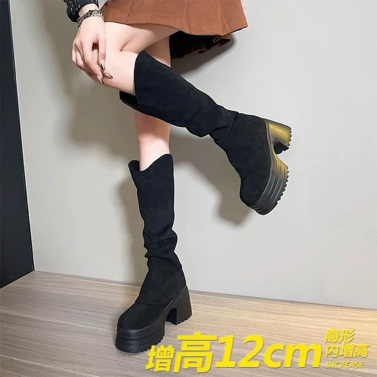 12cm小个子增高绒面粗跟真皮裤管显瘦长筒靴2025秋冬季百搭骑士靴