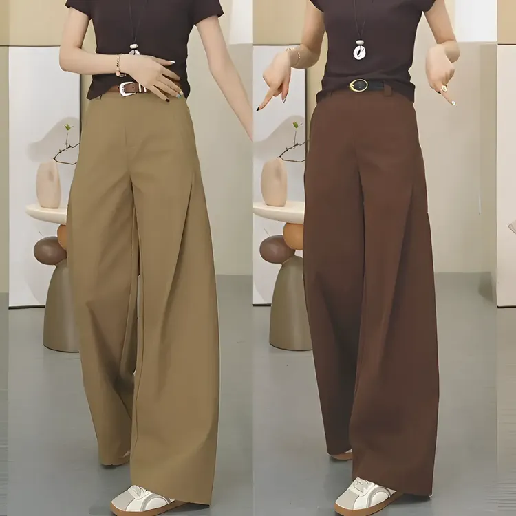 卡其色垂坠感阔腿裤女2025年秋季新款高腰宽松直筒裤百搭休闲长裤
