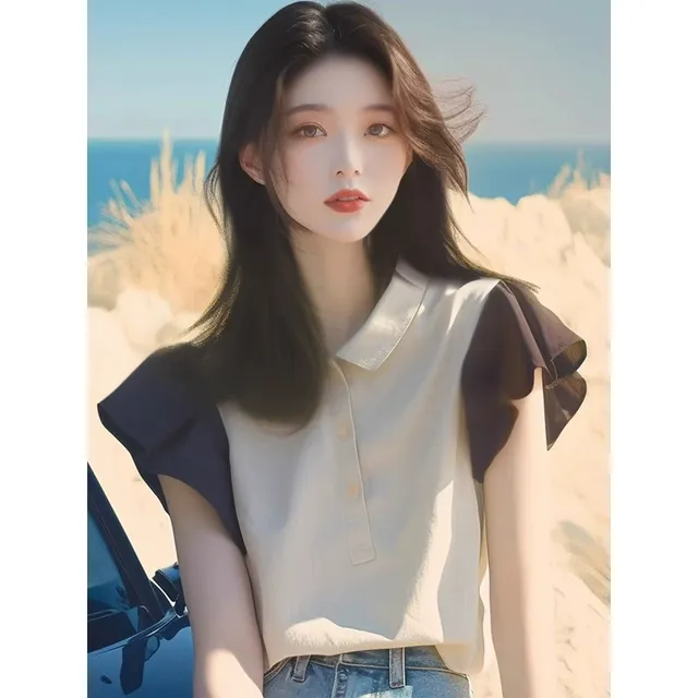 夏季流行绝美小上衣独特别致甜美时髦宽松显瘦黑白撞色短袖polo衫