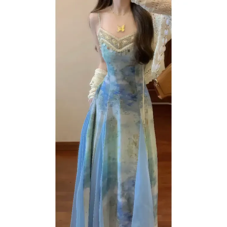 复古花边织带晕染印花吊带连衣裙度假风长裙&防晒空调开衫两件套