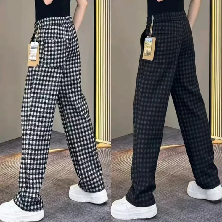 秋冬款宽松百搭棋盘格格子直筒裤潮流加绒男裤网红洋气炸街男装
