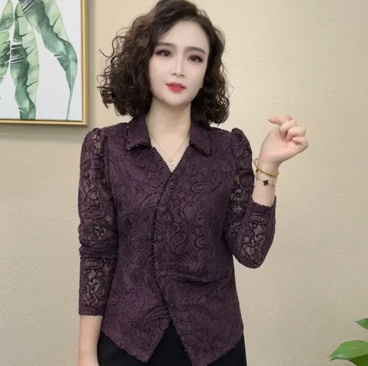 2025秋季新款洋气时尚衬衫领气质修身百搭蕾丝设计女士长袖上衣