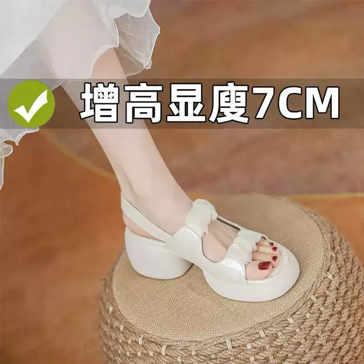 新中式国风一字带网纱厚底露趾凉鞋女夏季粗跟休闲罗马松糕增高鞋