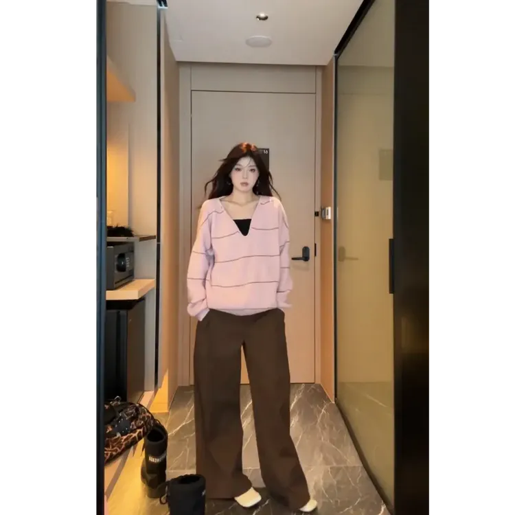 秋季2025新款纯欲慵懒风女装条纹毛衣上衣高腰直筒裤小众百搭半裙