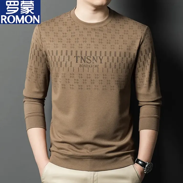 罗蒙春秋季新款男士长袖上衣印花时尚打底衫加绒保暖宽松潮男T恤