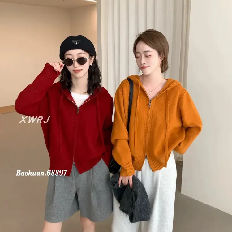 新款韩系慵懒风双拉链加厚针织开衫女秋冬百搭外套