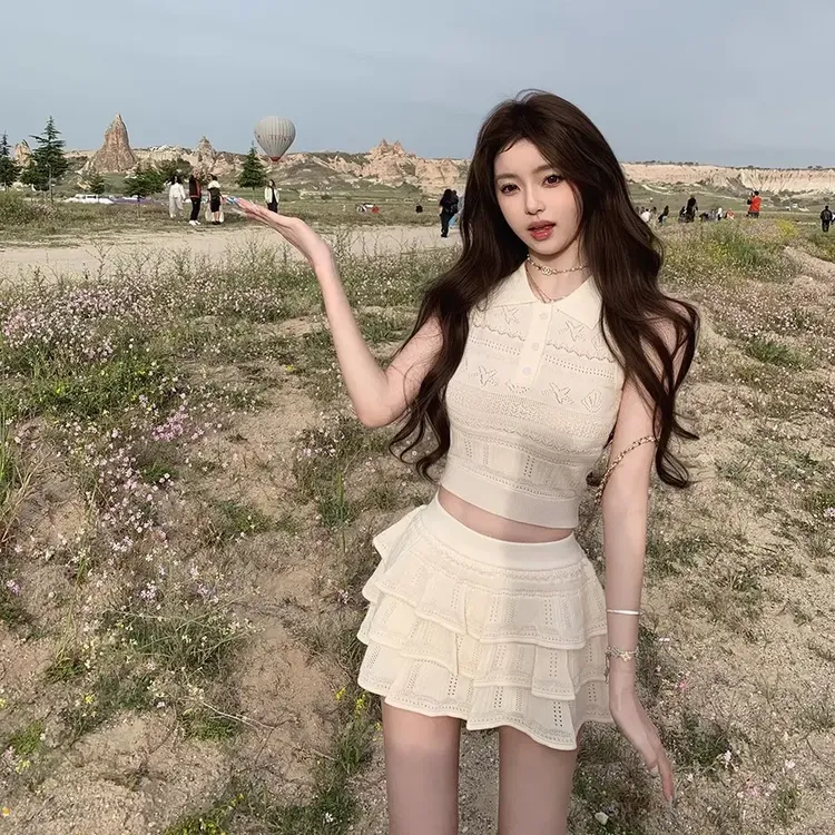 小香风名媛女装POLO领针织镂空无袖背心上衣甜美蛋糕裙半身短裙