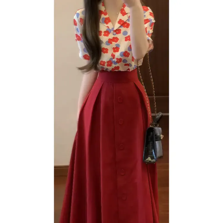 港风复古波点印花衬衫上衣 红色高腰半身裙两件套装裙