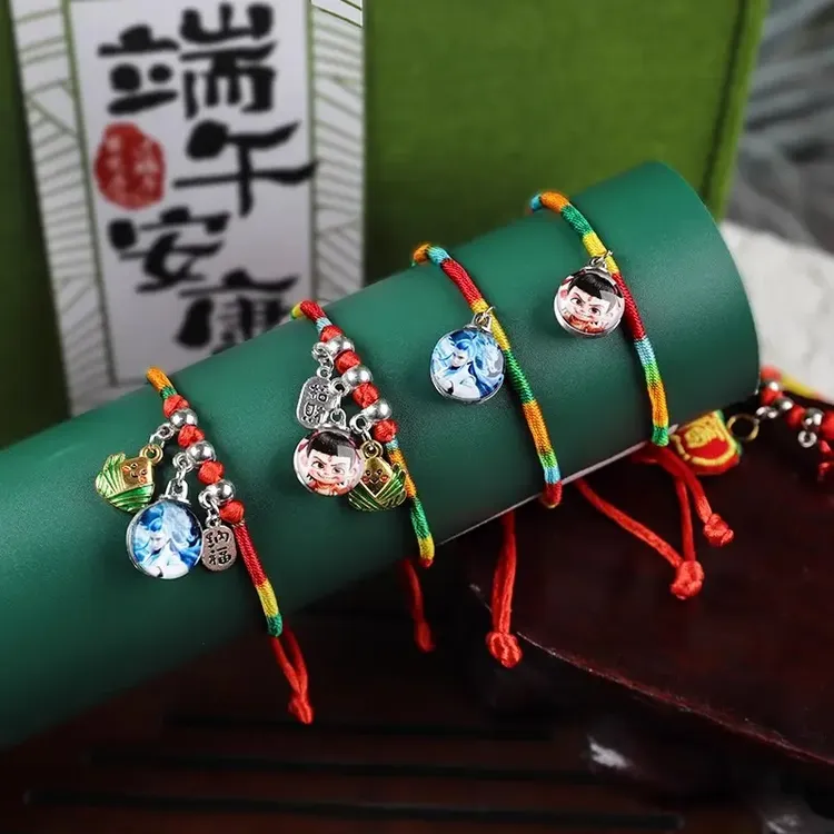 不锈钢布艺手链 端午哪吒敖丙五彩绳手链儿童情侣手工编织手绳