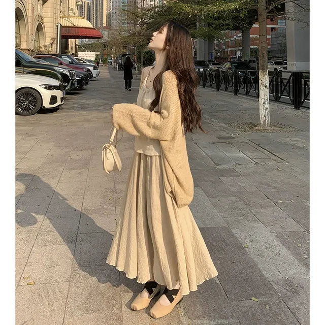 大码女装甜美温柔风长袖开衫吊带背心三件套装显瘦半身裙长裙