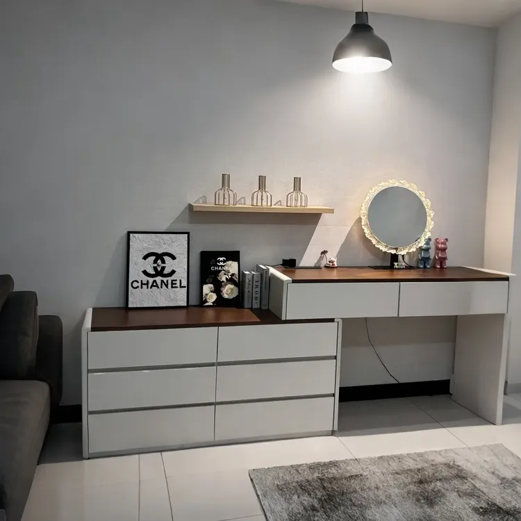 实木意式极简梳妆台斗柜一体可伸缩卧室收纳化妆桌