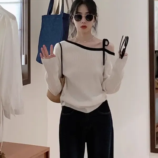 早春白色百搭打底针织衫女内搭一字领露肩设计感气质毛衣斜肩上衣