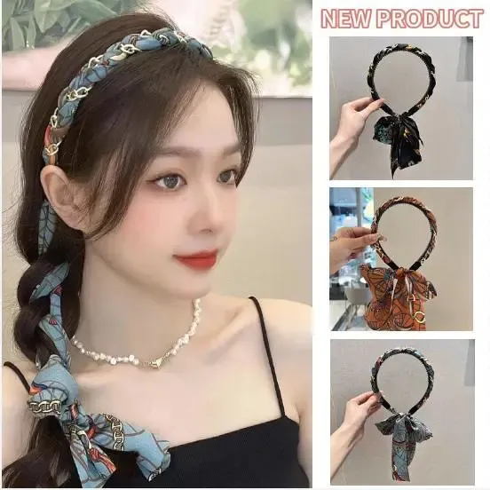 新款复古链条国潮缎面布艺发箍小众设计飘带仙女编发女神头箍2