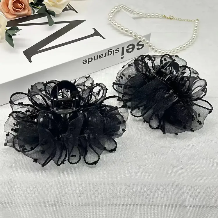 韩版雪纺欧根纱黑天鹅抓夹蕾丝发夹鲨鱼夹