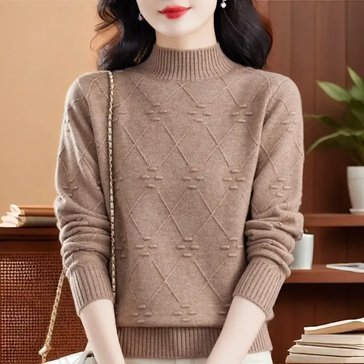 纯100羊绒衫针织衫女秋冬新款洋气宽松半高领中老年妈妈中年毛衣